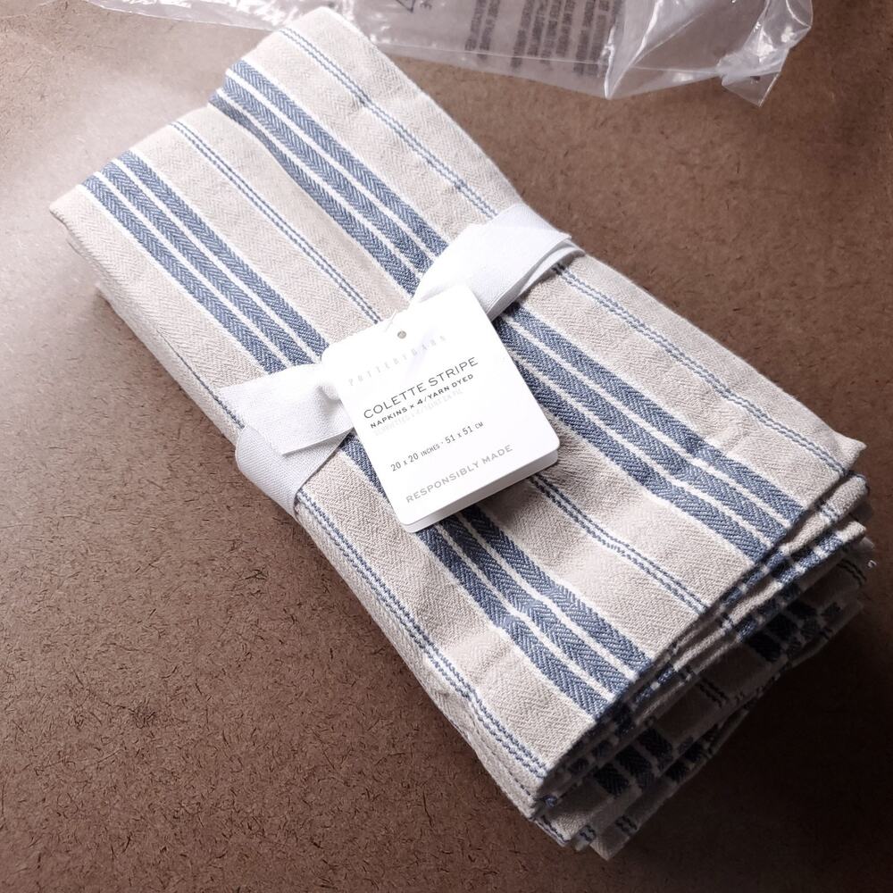 Pottery Barn‎ Colette Blue Stripe Cotton Linen Napkins Set of 4 NEW Coastal Boho